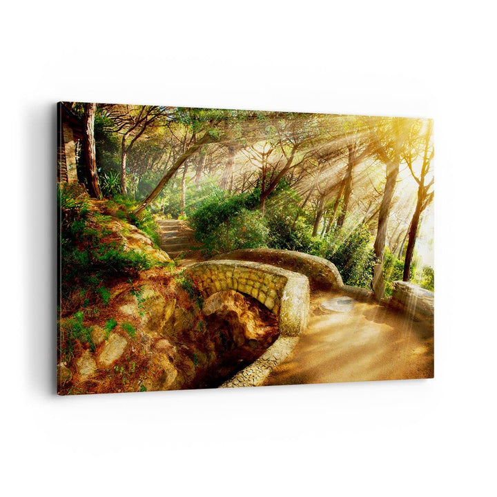 Bilder auf Leinwand 100x70cm Leinwandbild Pfad Steinbrücke Wald Herbst Gross Wanddeko Bild Schlafzim