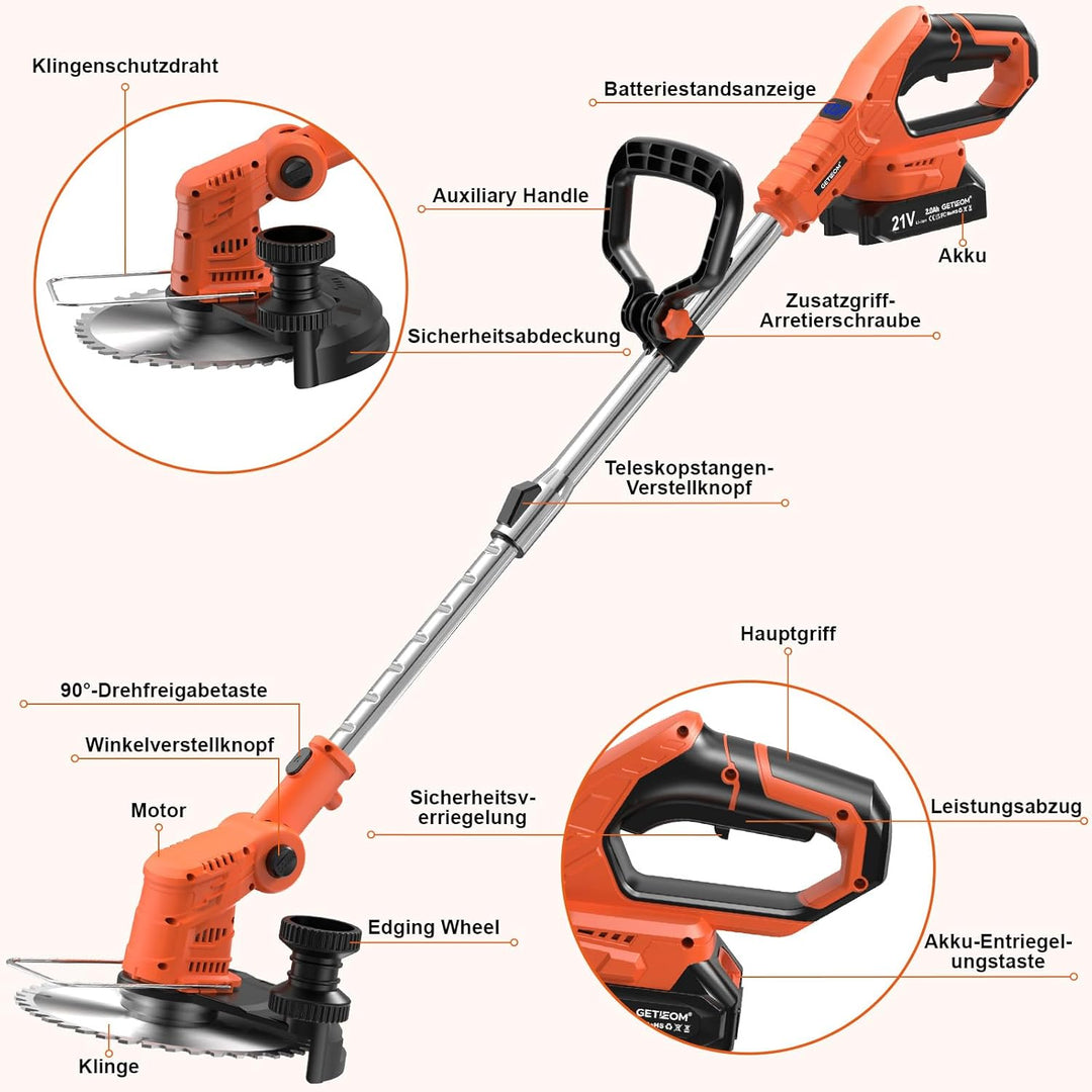 Rasentrimmer Akku 21V, 4-in-1 Freischneider mit 850W Motor und LCD-Anzeige, inkl. Stahlbürste und 8"