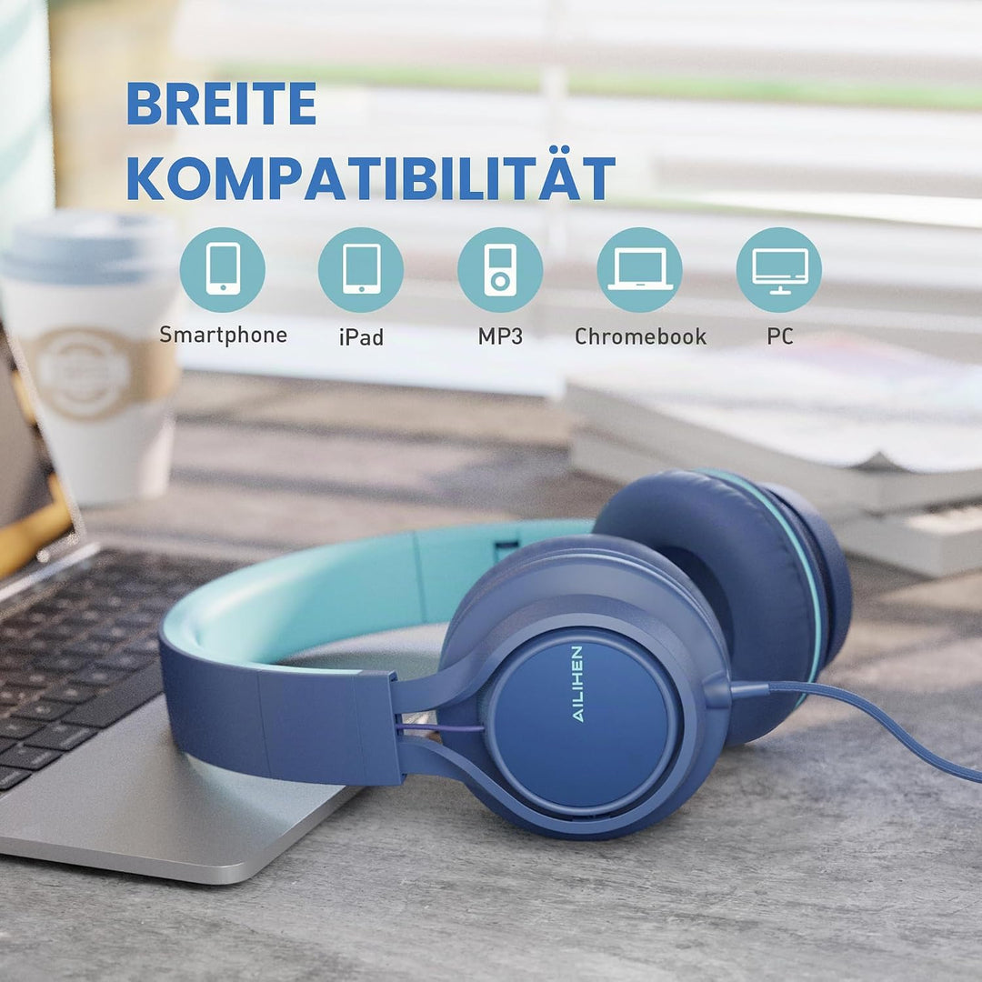 AILIHEN C8 Kopfhörer mit Kabel und Mikrofon, faltbar und verstellbar, On-Ear-Headsets, Lautstärkereg