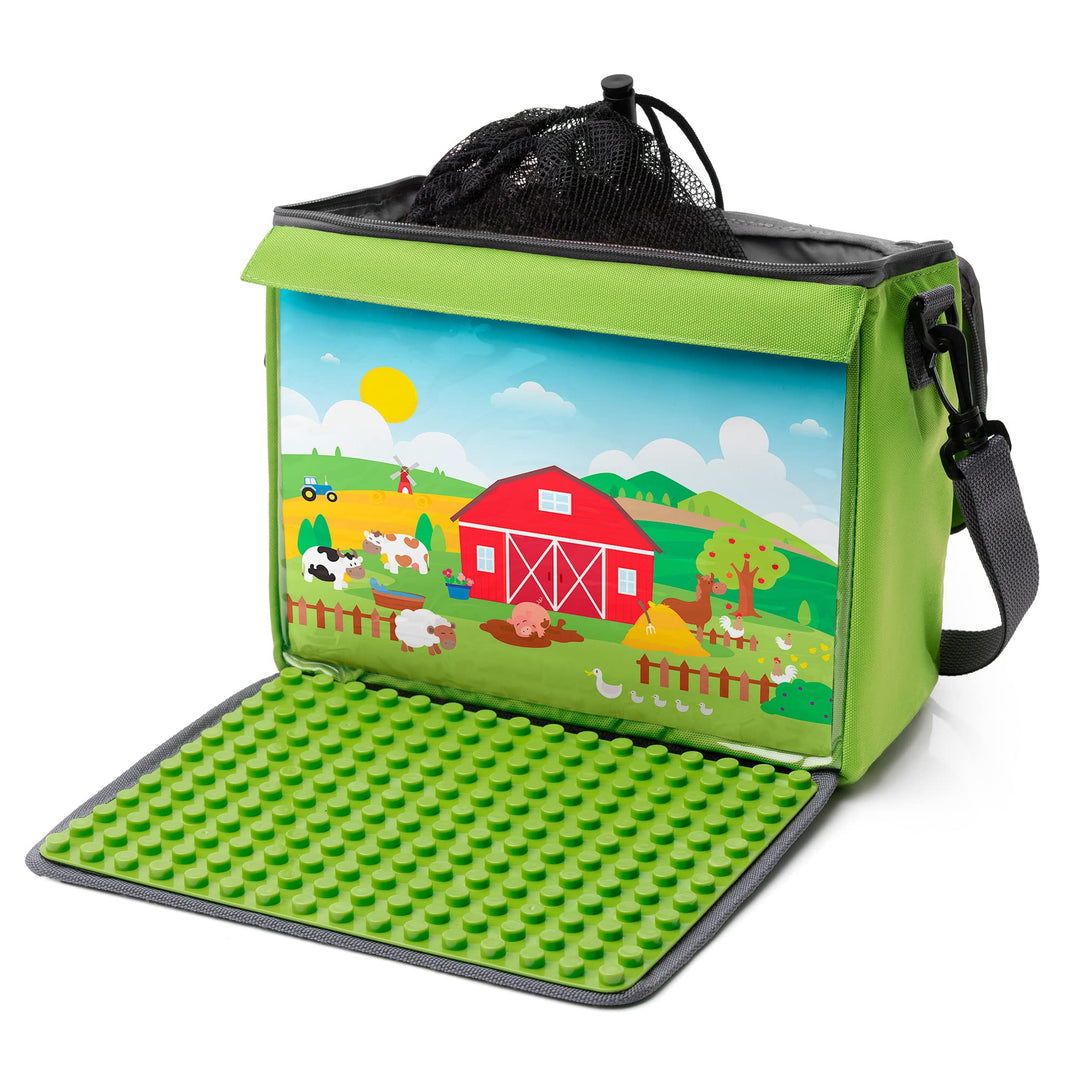 fantifant Baustein-Tasche mit ausklappbarer Bauplatte | farmgrün Grösse L I kompatibel mit Lego Dupl