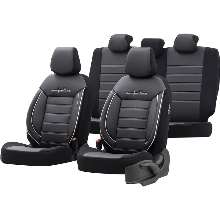 Universelle Leder/Stoff Sitzbezüge 'Comfortline' Schwarz/Grau + Weisses Rand - 11-Teilig- - kompatib