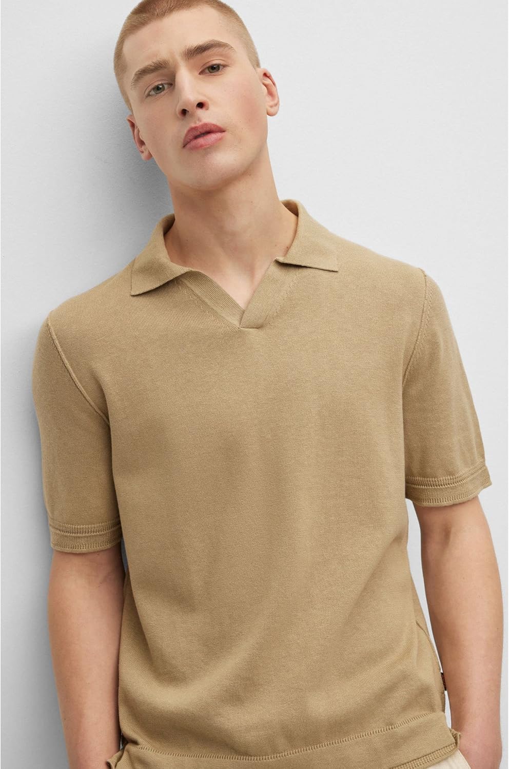 BOSS Herren Anrepolo Kurzarm-Strickpullover aus Baumwoll-Mix mit Kaschmir XL Beige, XL Beige