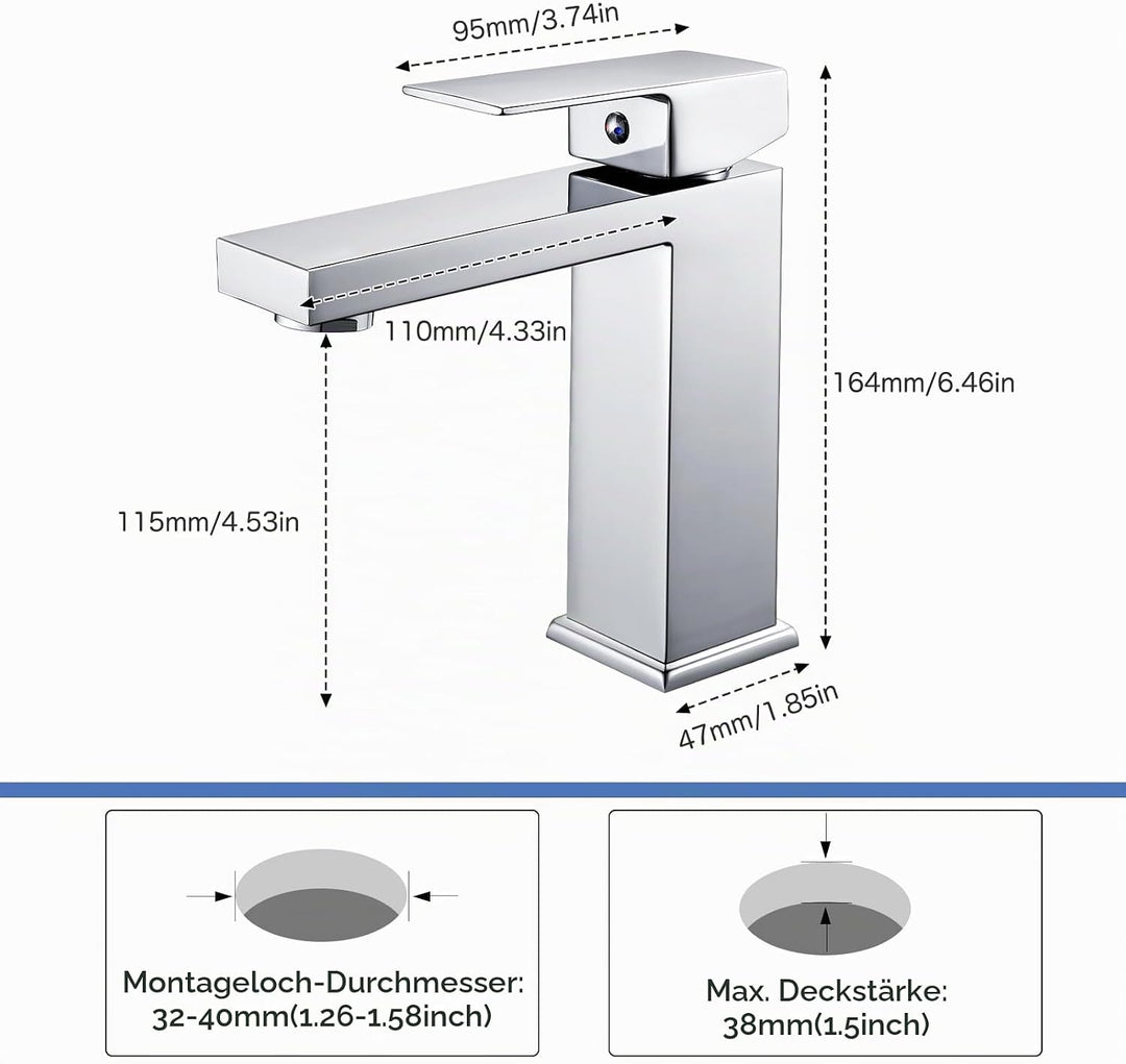 Wasserhahn Bad Waschtischarmatur Chrom, Bad Armatur Mischbatterie Wasserhahn Eckig mit Höhe 164mm, W
