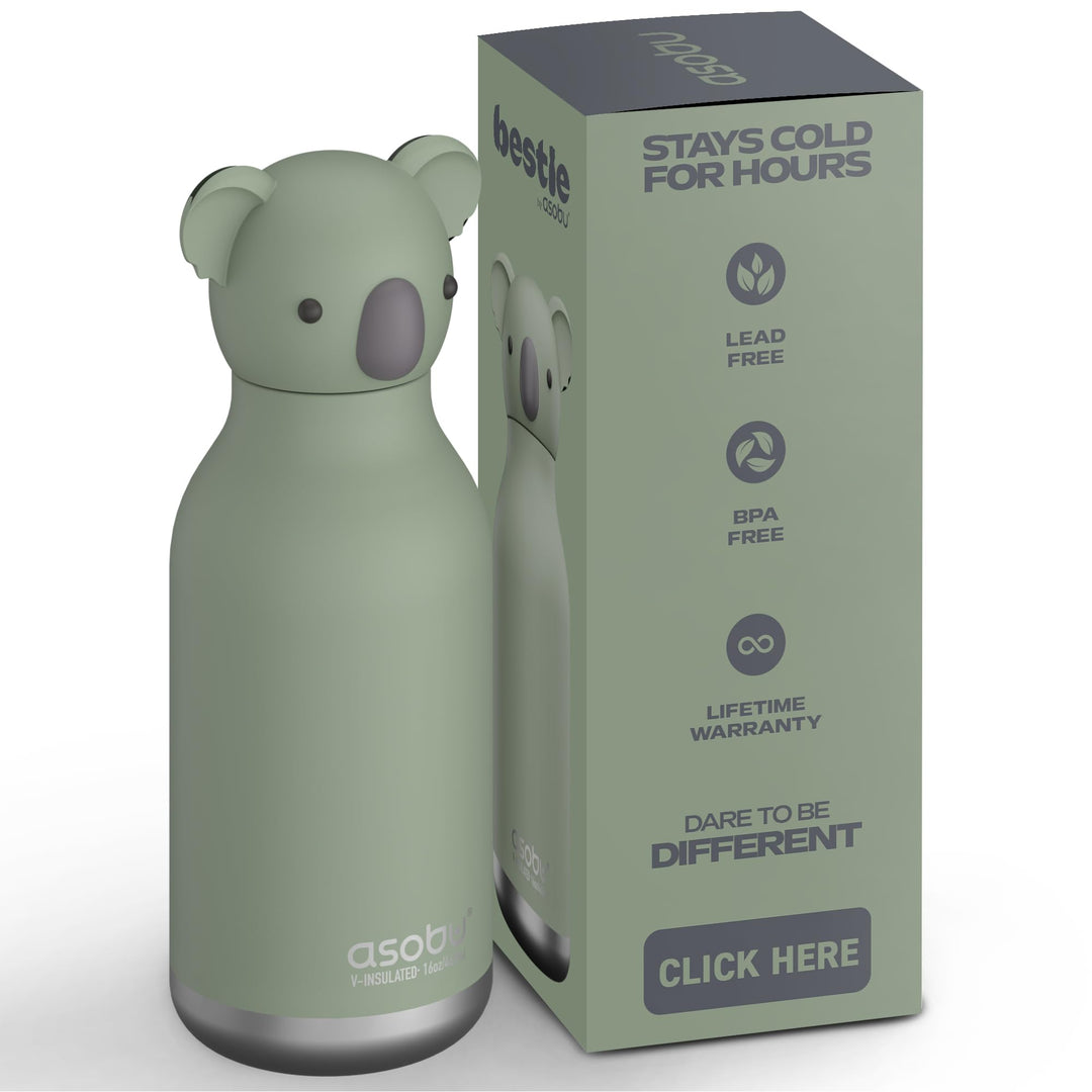 ASOBU Bestie Kindertrinkflasche mit Strohhalm – Isolierte Edelstahlflasche 420ml mit Koalakopf – Aus