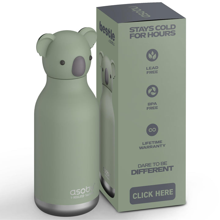 ASOBU Bestie Kindertrinkflasche mit Strohhalm – Isolierte Edelstahlflasche 420ml mit Koalakopf – Aus