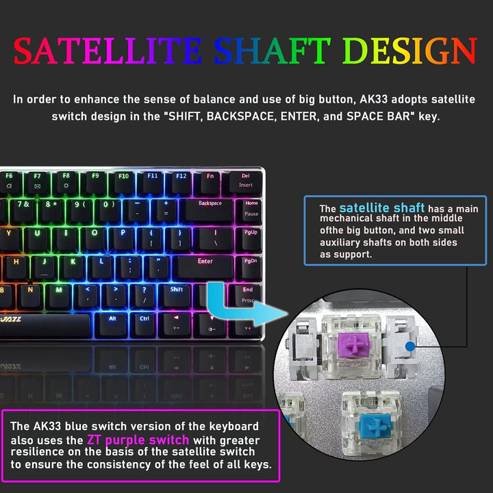 AK33 USB-Kabelgebundene Mechanische Gaming-Tastatur, 80 % Blaue Schalter Keyboard mit 19 RGB-Chroma-