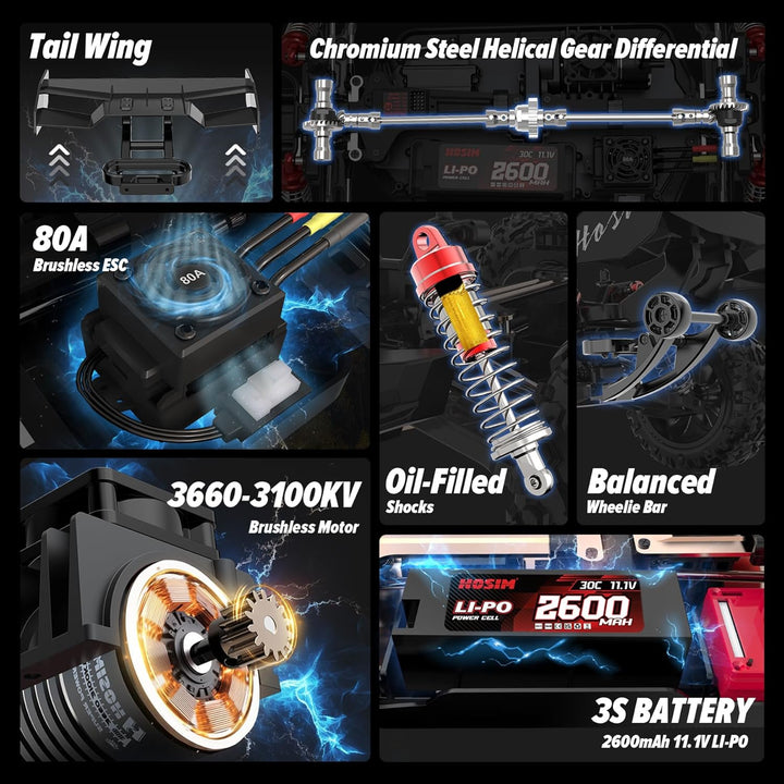 Hosim Ferngesteuertes Auto ab 14 Jahre, 1:8 Brushless RC Auto 70+ KM/H High Speed, 4x4 Offroad Monst