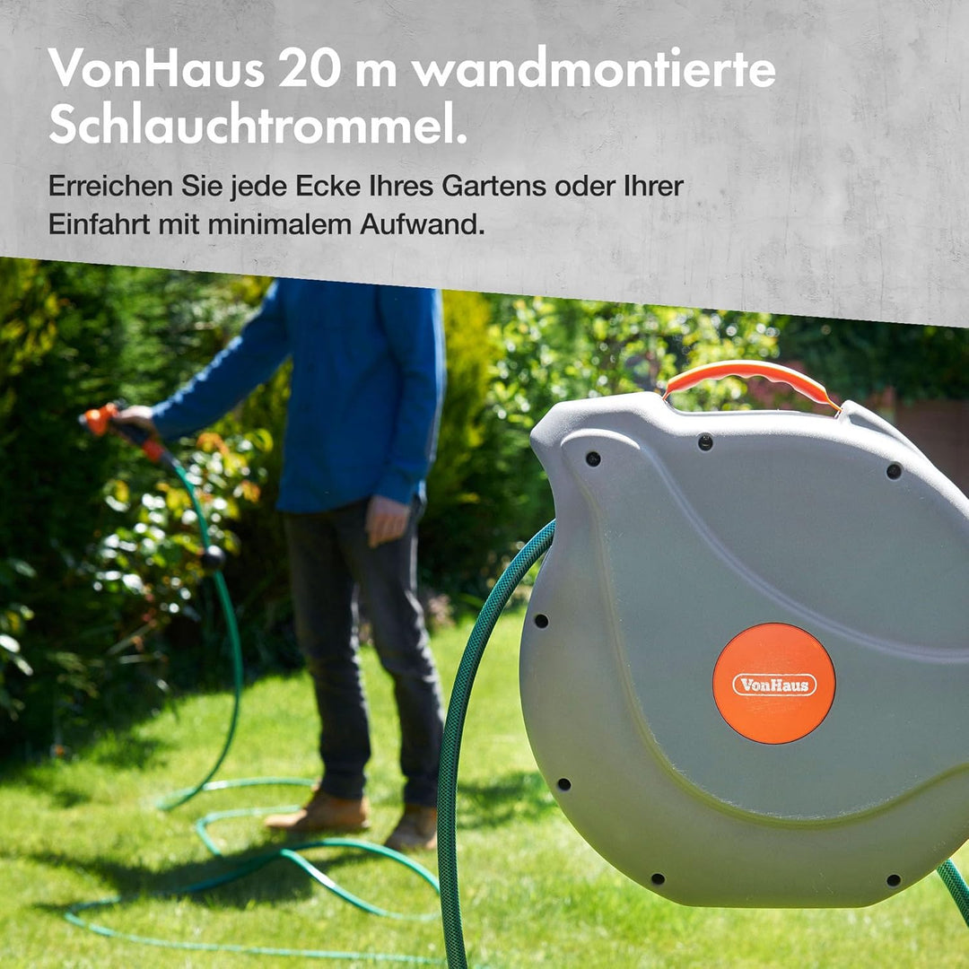 VonHaus Schlauchtrommel - Gartenschlauch Trommel für die Wandmontage mit 180° Schwenkbar & Aufrollau