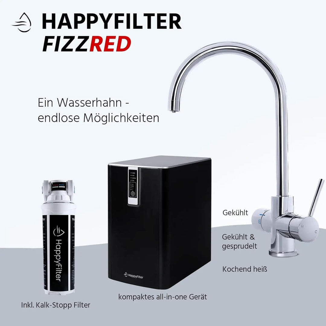 HappyFilter FizzRed Wassersprudler Wasserkocher | gekühlt | gesprudelt | kochend| 3in1 Touch Chrom W
