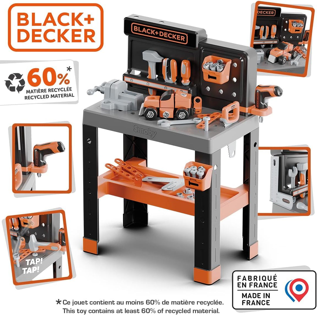 Smoby – Black+Decker Pro Werkbank für Kinder - 79 Zubehörteile wie Säge, Schraubendreher, Schraubzwi