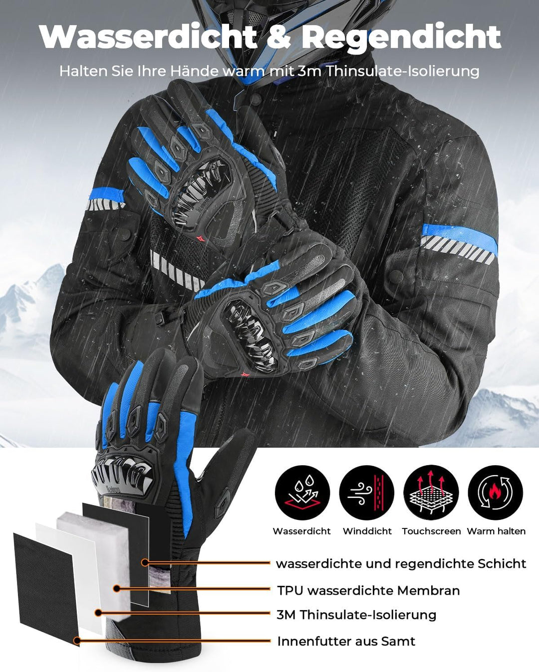 ISSYZONE Winter Motorradhandschuhe, Motorrad Handschuhe Winter, geprüfte Motorradhandschuhe Herren,
