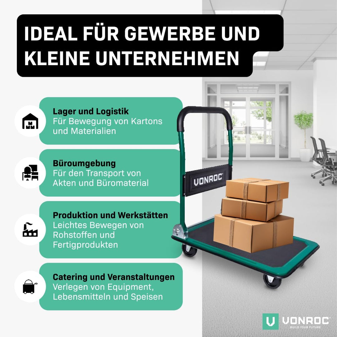VONROC Transportwagen klappbar 150kg - Plattformwagen als Transporthilfe - Rollwagen mit Griff 150 k