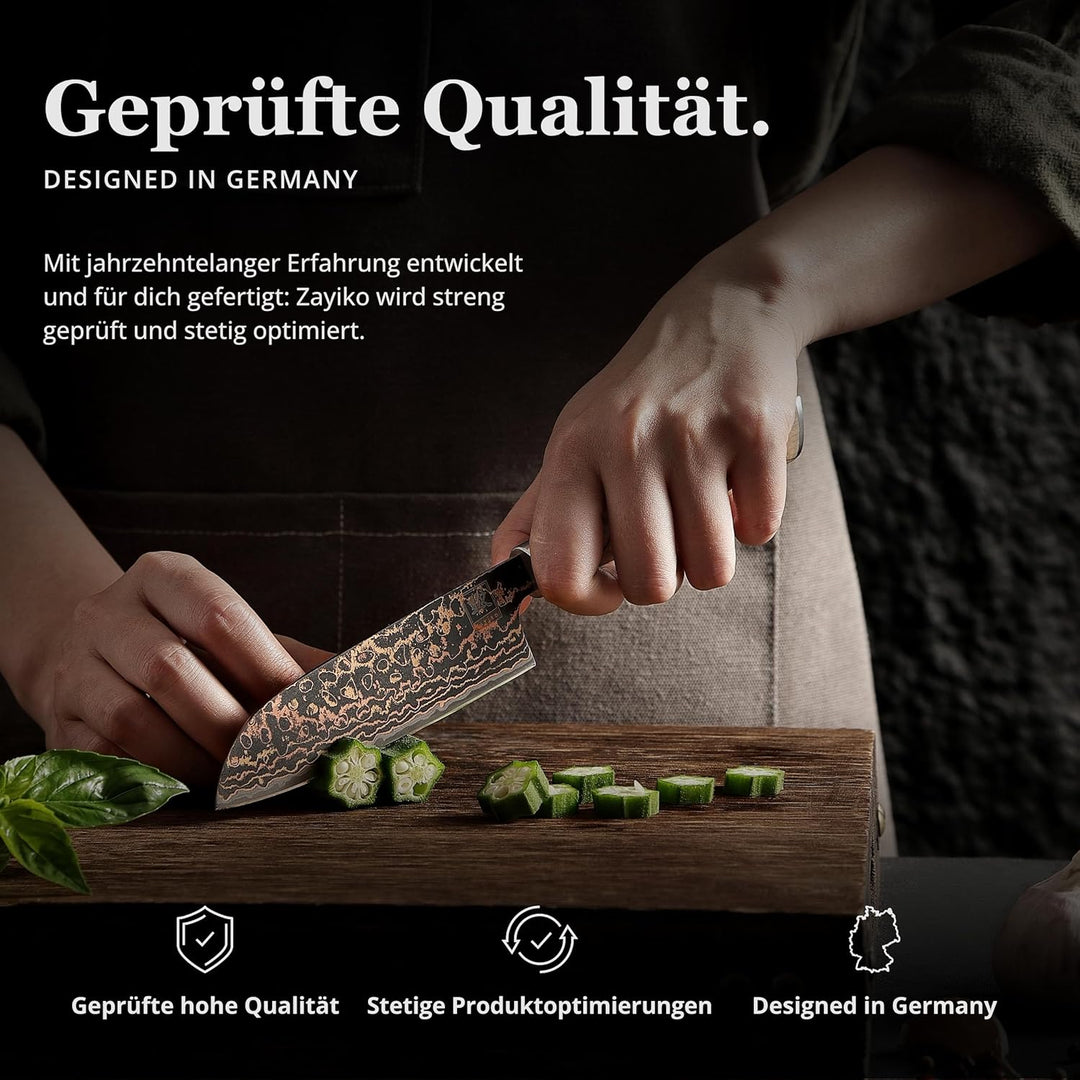 zayiko BlackMagma Damastmesser Santoku I 12 cm Klinge aus Damaststahl mit Kupfer &amp; Bronze sowie Ahor