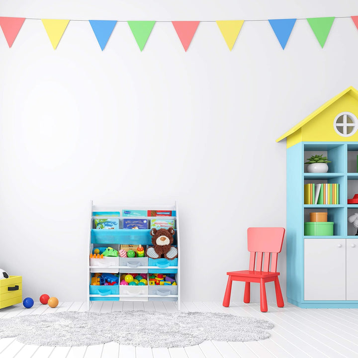 Relaxdays Kinderregal, Tiere Motiv, 6 Boxen, 2 Fächer, Kinderzimmer, Spielzeug Aufbewahrung HBT 74 x