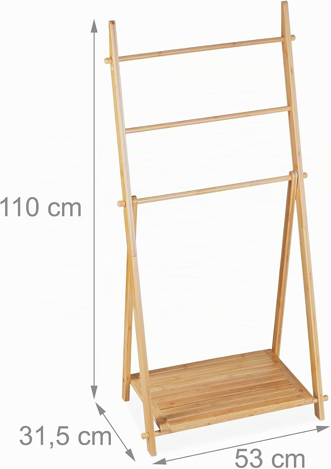 Relaxdays Handtuchleiter Bambus, 3 Stangen, 1 Ablage, HBT: 110 x 53 x 31,5 cm, klappbar, Standhandtu