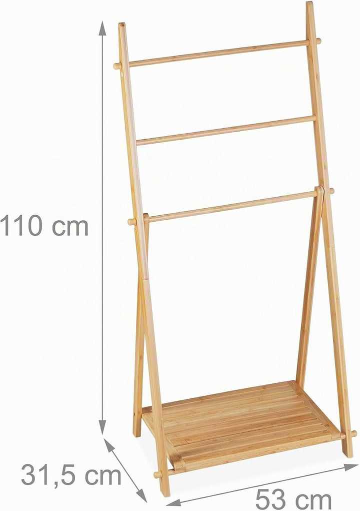 Relaxdays Handtuchleiter Bambus, 3 Stangen, 1 Ablage, HBT: 110 x 53 x 31,5 cm, klappbar, Standhandtu