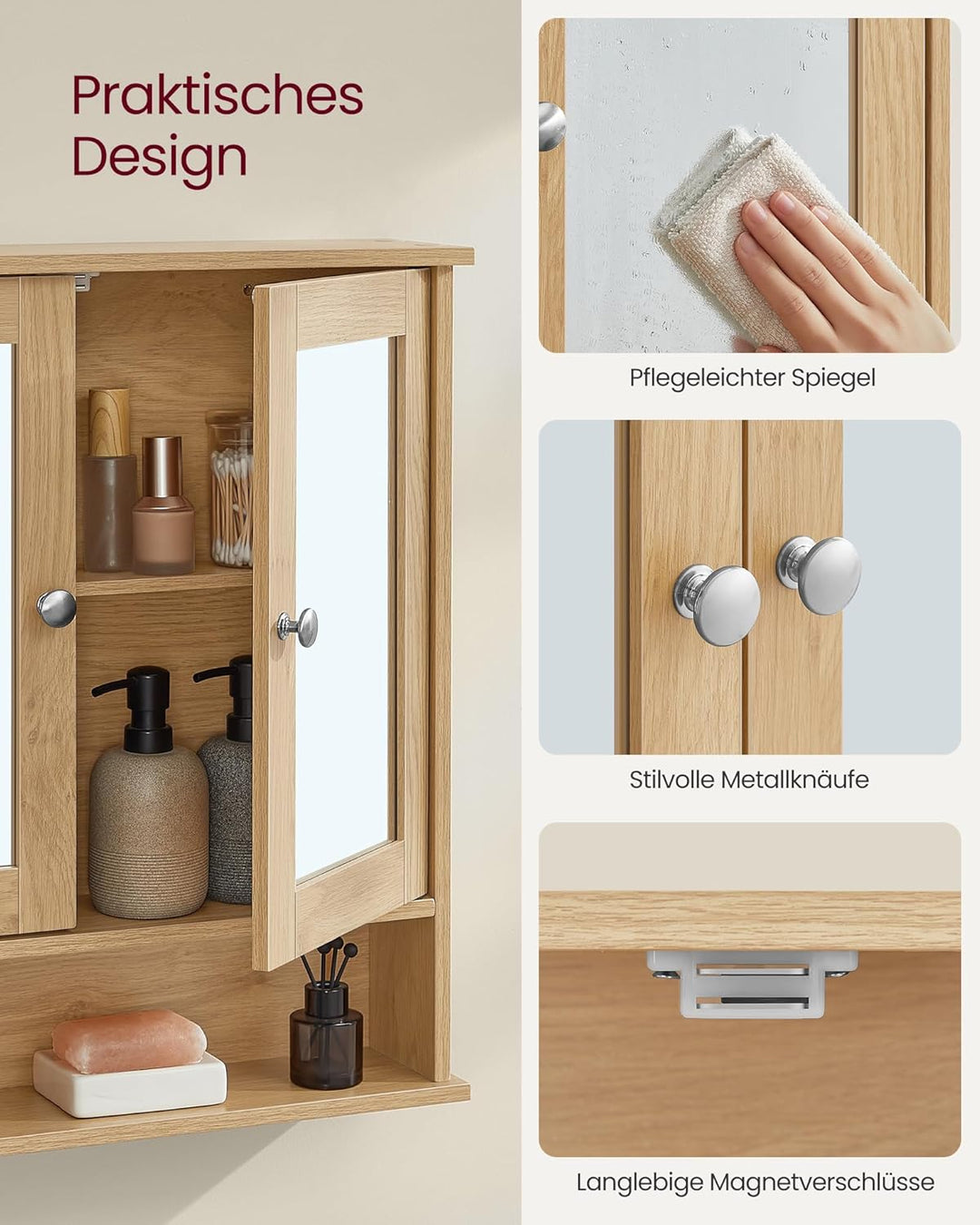 VASAGLE Spiegelschrank, Badschrank, Wandschrank, Hängeschrank mit 2 Spiegeltüren und offenem Fach, v