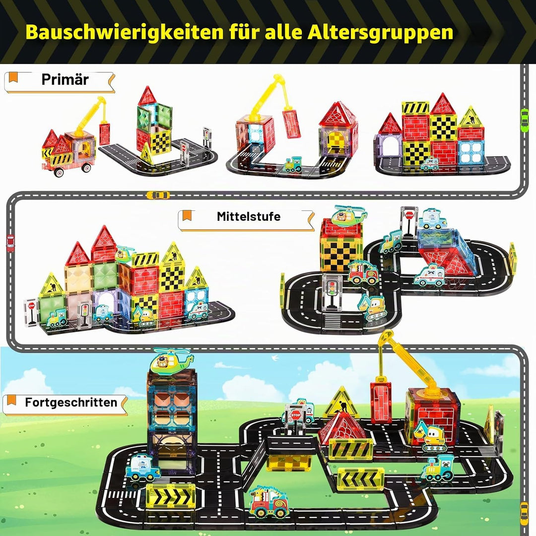 80PCS Magnetische Bausteine Strassenset, 7,5 cm Grosse Magnetische Bausteine inkl. Flugzeug Auto für