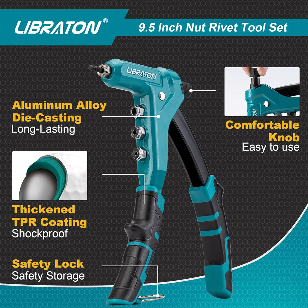 LIBRATON Nietmutternzange, 9,5" Nietzange Set, Einhand-Nietmutter Zange Werkzeug, Handnietmutternset