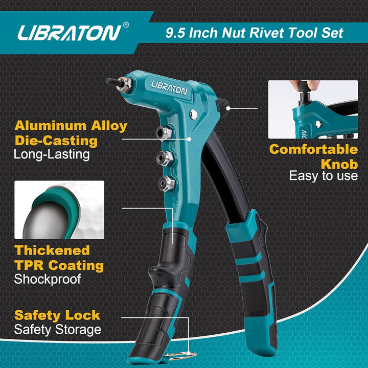 LIBRATON Nietmutternzange, 9,5" Nietzange Set, Einhand-Nietmutter Zange Werkzeug, Handnietmutternset