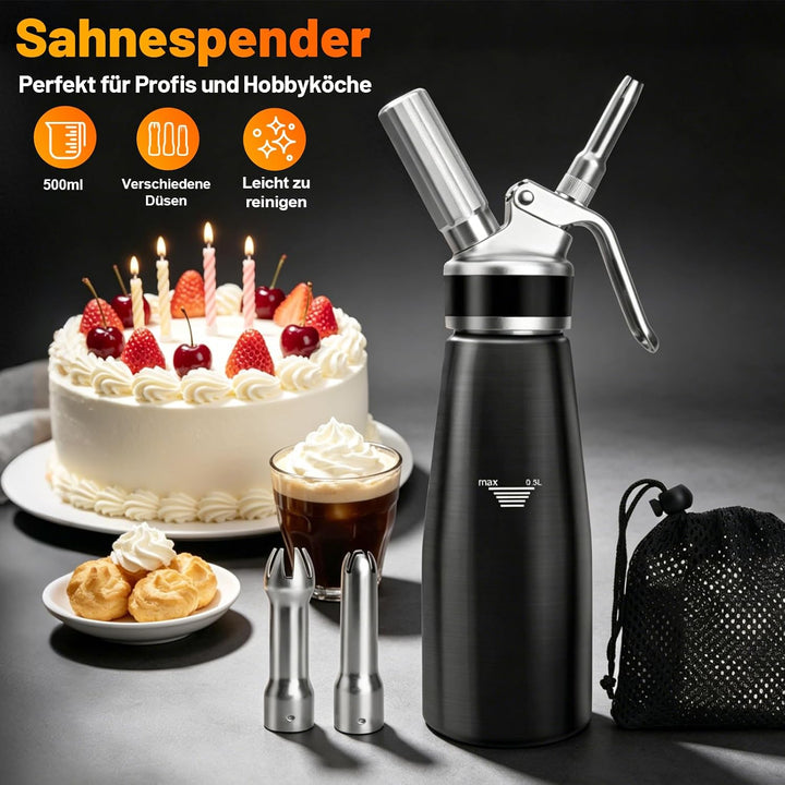Sahnespender,Sahnesyphon Aluminium 500ml für Schlagsahne,Cremes,Desserts und Sossen mit 3 Edelstahl