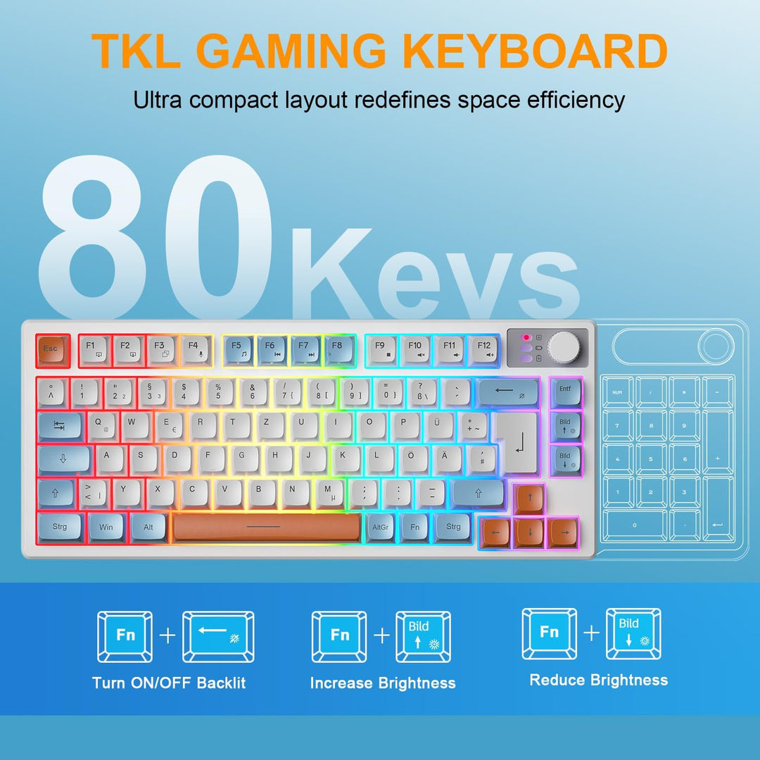 75% Tastatur und Maus Set Kabelloses, QWERTZ DE Layout Kompakte Gaming Tastatur mit Lautstärkeregler