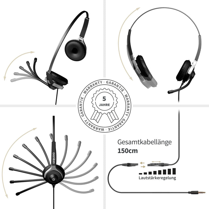 GEQUDIO Headset mit 3,5mm Klinke kompatibel mit FritzFon C6, X6, MacBook, Smartphone, Speedphone, No