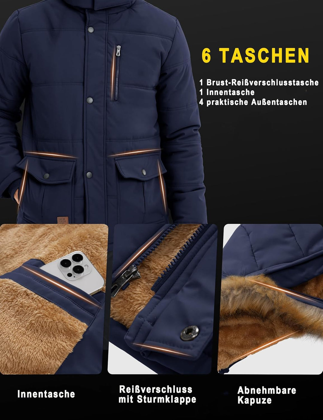 MAGCOMSEN Herren Winter Parka Jacke Winddicht Outdoor Warme Fleecejacke Freizeit Übergangsjacke Wass