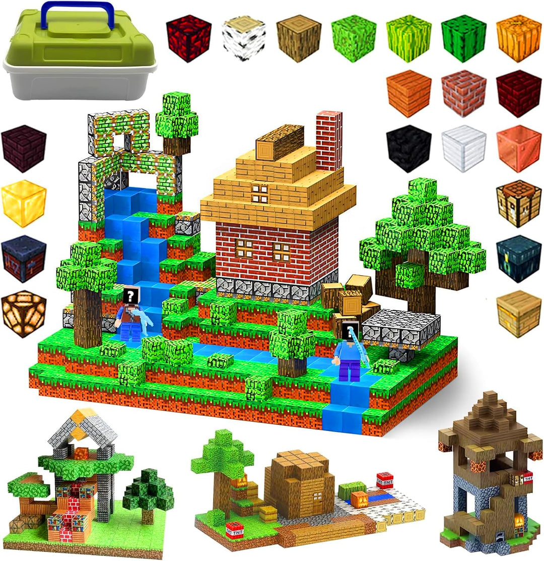 Lnxquizzic Magnetische Bausteine 120 Stück,2 Miner Figur,Zomblock Magnetblöcke für Kinder, Baue Mein