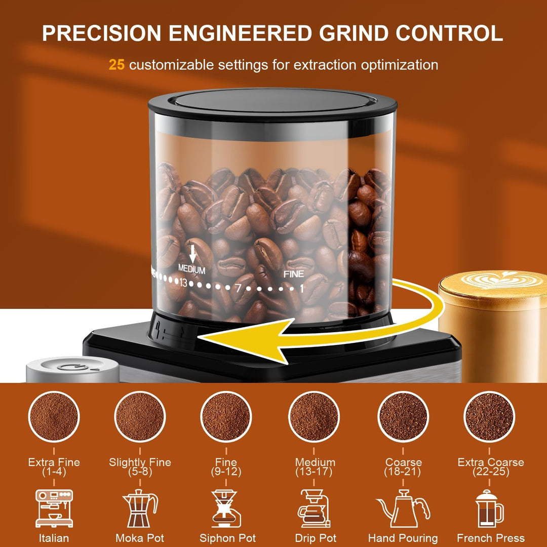 Wancle Elektrische Kaffeemühle mit Kegelmahlwerk - 25 einstellbare Mahlgrade für Espresso/French Pre