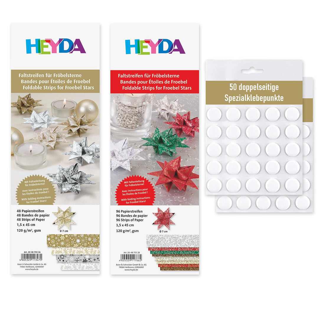 Heyda Faltstreifen für Fröbelsterne – 2er Set - bunt 96 Streifen 1,5x45cm + gold-silber 48 Streifen