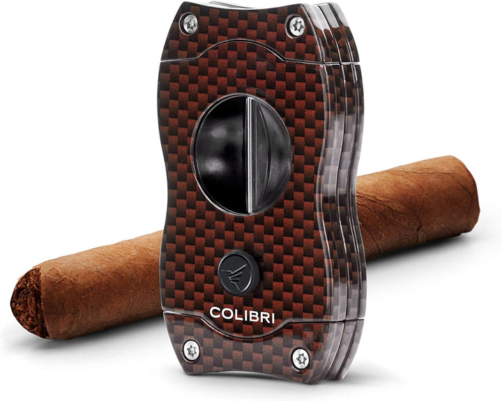 Colibri V-Cut Zigarrenschneider | Rotes Kohlefaserdruck | Federauslöser | Tiefer 7mm V-Schnitt | Bis