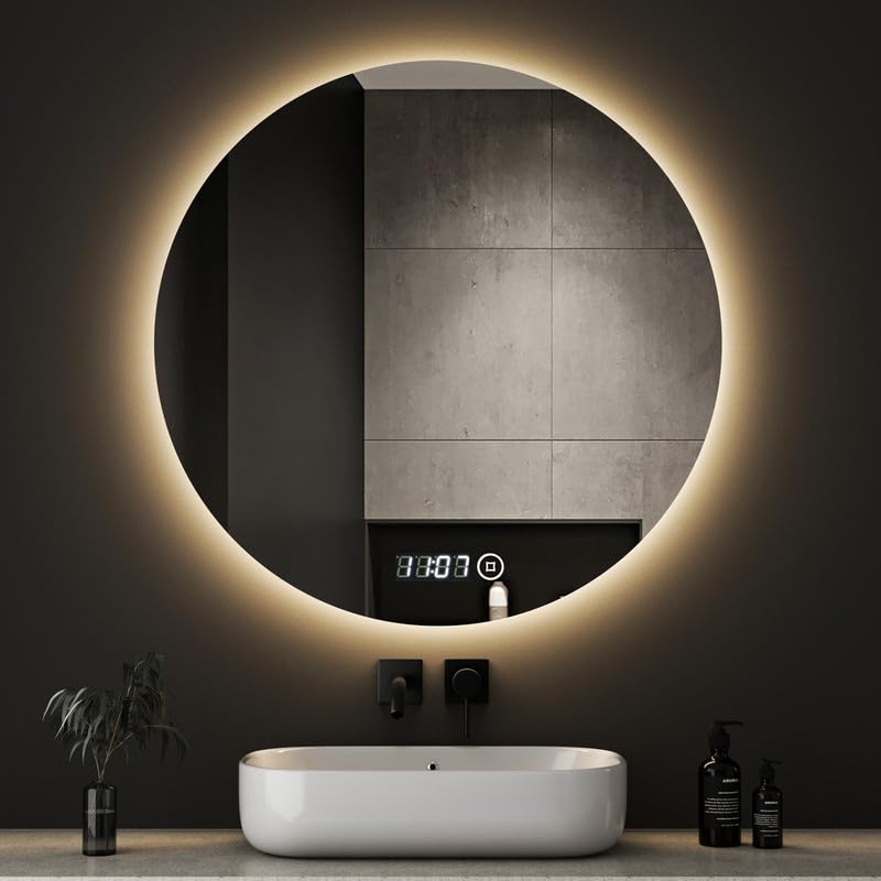 Boromal Badspiegel Rund mit Beleuchtung und Uhr Badspiegel 70x70cm LED Spiegel Runder Badezimmerspie