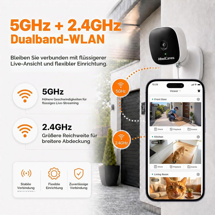 AlfredCam Plus 2 Überwachungskamera Aussen, 2.5K 4MP, Farb-Nachtsicht, LED-Scheinwerfer, IP65 wetter