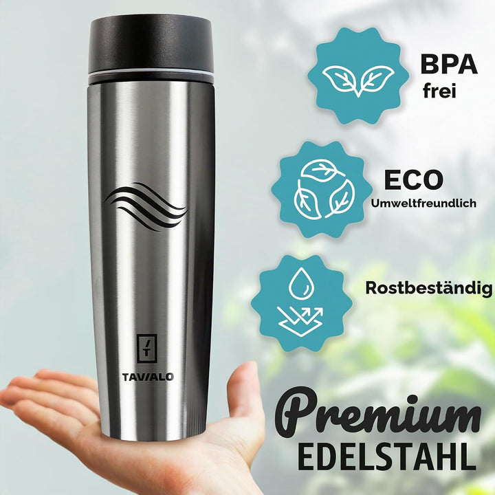 Thermobecher, Reisebecher, 460ml, Farbe Metallic Silber, Isolierbecher aus INOX Edelstahl, auslaufsi