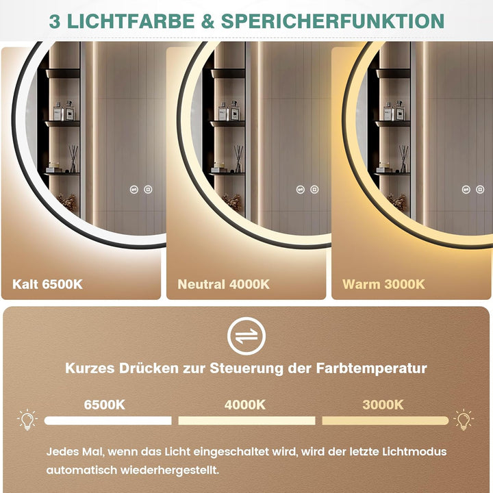 Spiegel Rund mit Beleuchtung 50 cm Dimmbar, 3 Farben, Speicherfunktion, IP44 Wasserdicht, Schwarzer