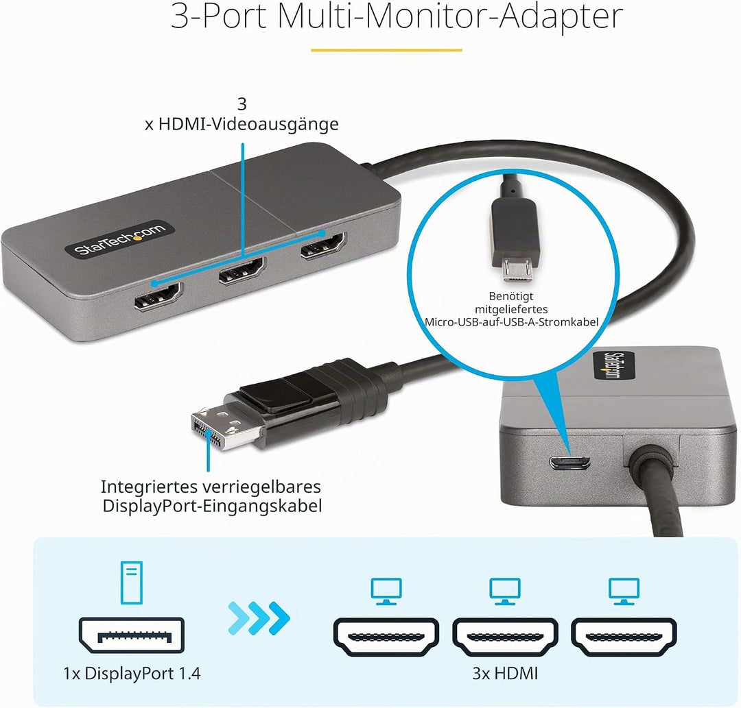 StarTech.com 3-Port MST Hub - DisplayPort auf 3X HDMI, DREI 4K 60Hz Monitore, DP 1.4 Multi-Monitor V
