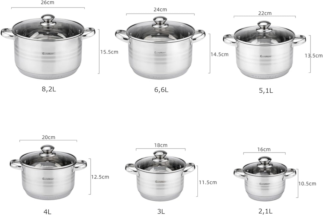 EliteHoff Topfset Induktion 12-teilig Edelstahl, Kochtopf Set mit Glasdeckel, 7-lagiger Edelstahl To