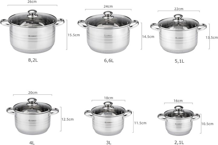 EliteHoff Topfset Induktion 12-teilig Edelstahl, Kochtopf Set mit Glasdeckel, 7-lagiger Edelstahl To