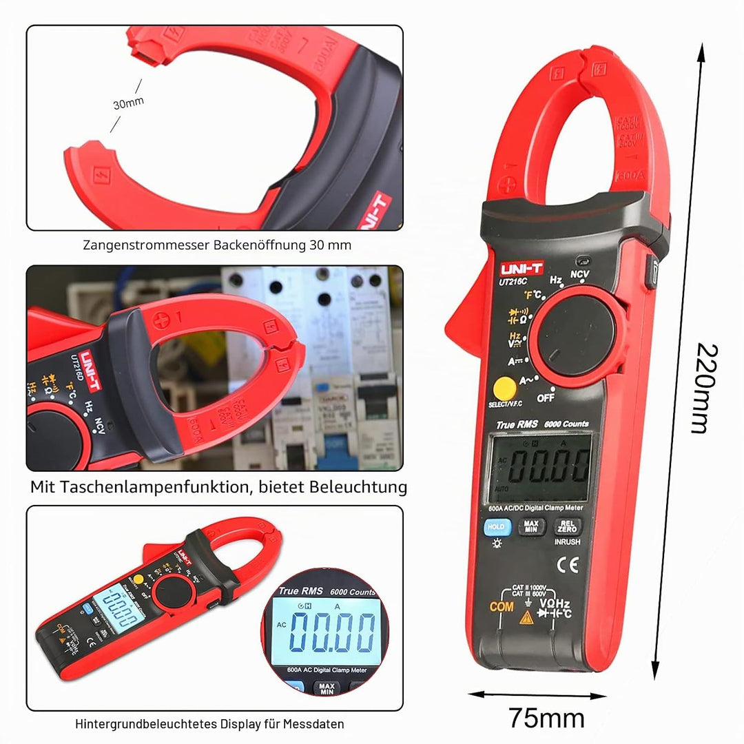 UT216C Digitale Strommesszange AC DC Strommessung Effektivwert Frequenz Kapazität Temperatur & NCV T