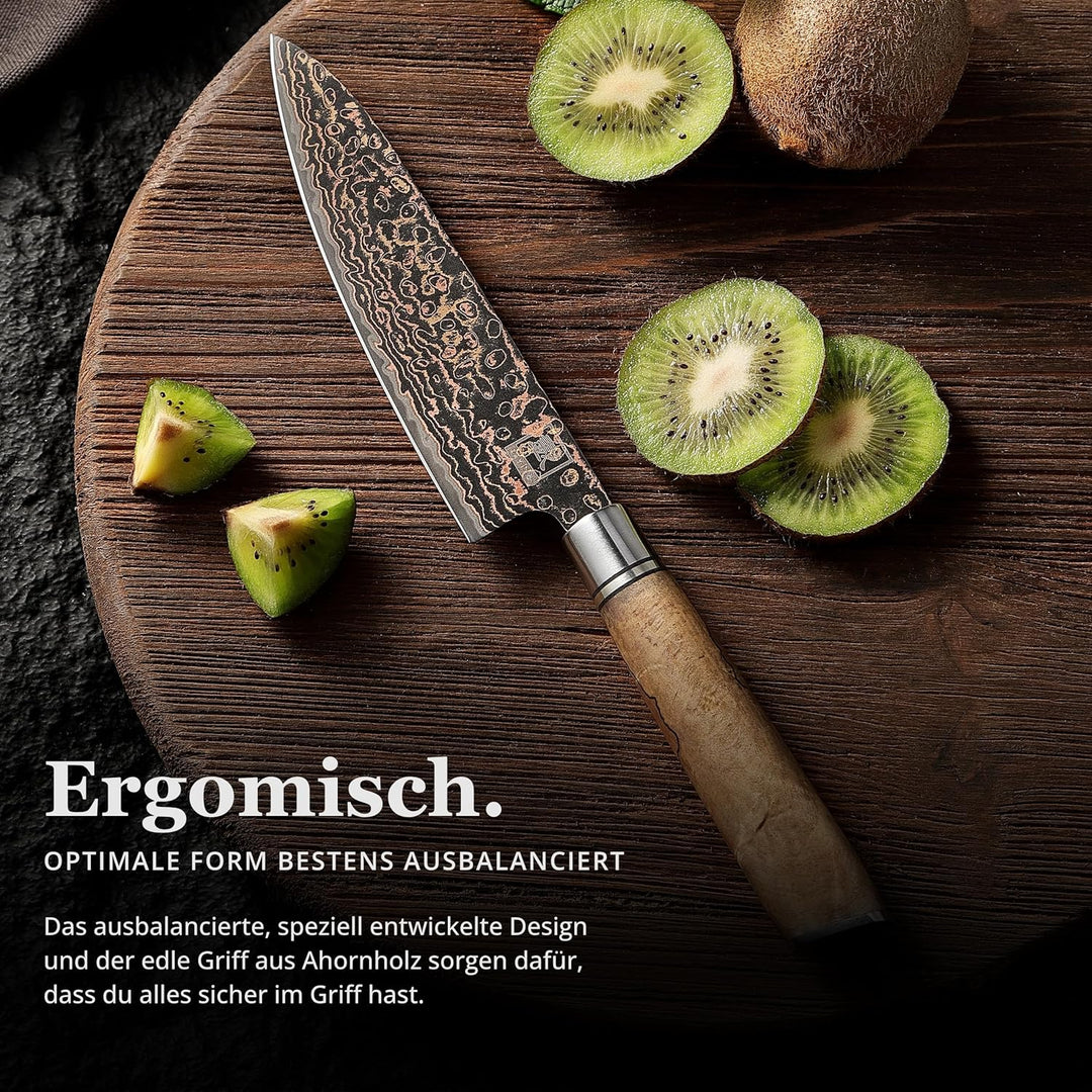 zayiko BlackMagma Damastmesser I 14 cm Klinge aus Damaststahl mit Kupfer &amp; Bronze sowie Ahornholzgri