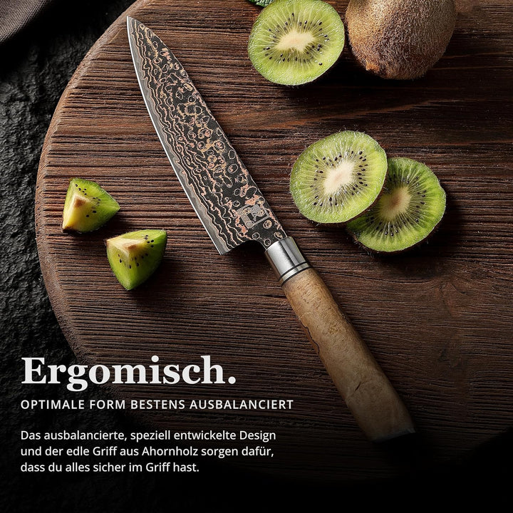 zayiko BlackMagma Damastmesser I 14 cm Klinge aus Damaststahl mit Kupfer &amp; Bronze sowie Ahornholzgri