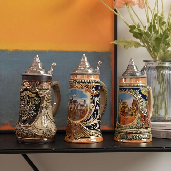 NENBOLEC Bierkrug mit Zinndeckel Bierseidel Steinkrug Gravur Deutsch Schloss Beer Stein 0.7L