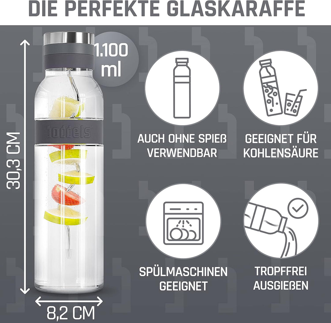 boddels Glaskaraffe mit Deckel und Sieb 1.100ml, rutschfester Griff, Glaskaraffe mit Fruchteinsatz,