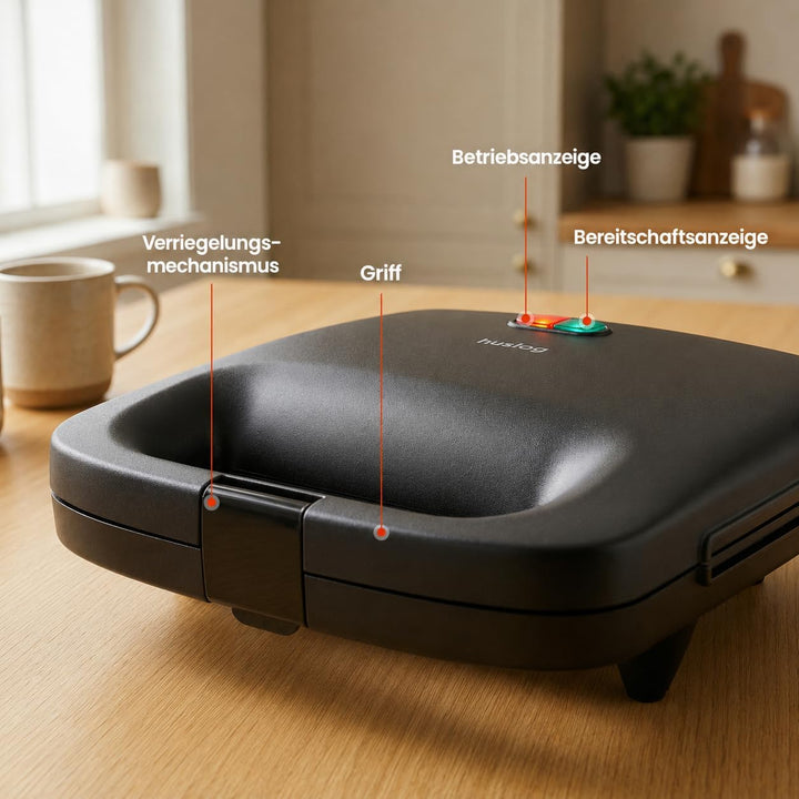 QuickBite Toaster, Sandwichmaker, Sandwich, Antihaftbeschichtung, 1000W, Panini, Schwarz Schwarz 24,
