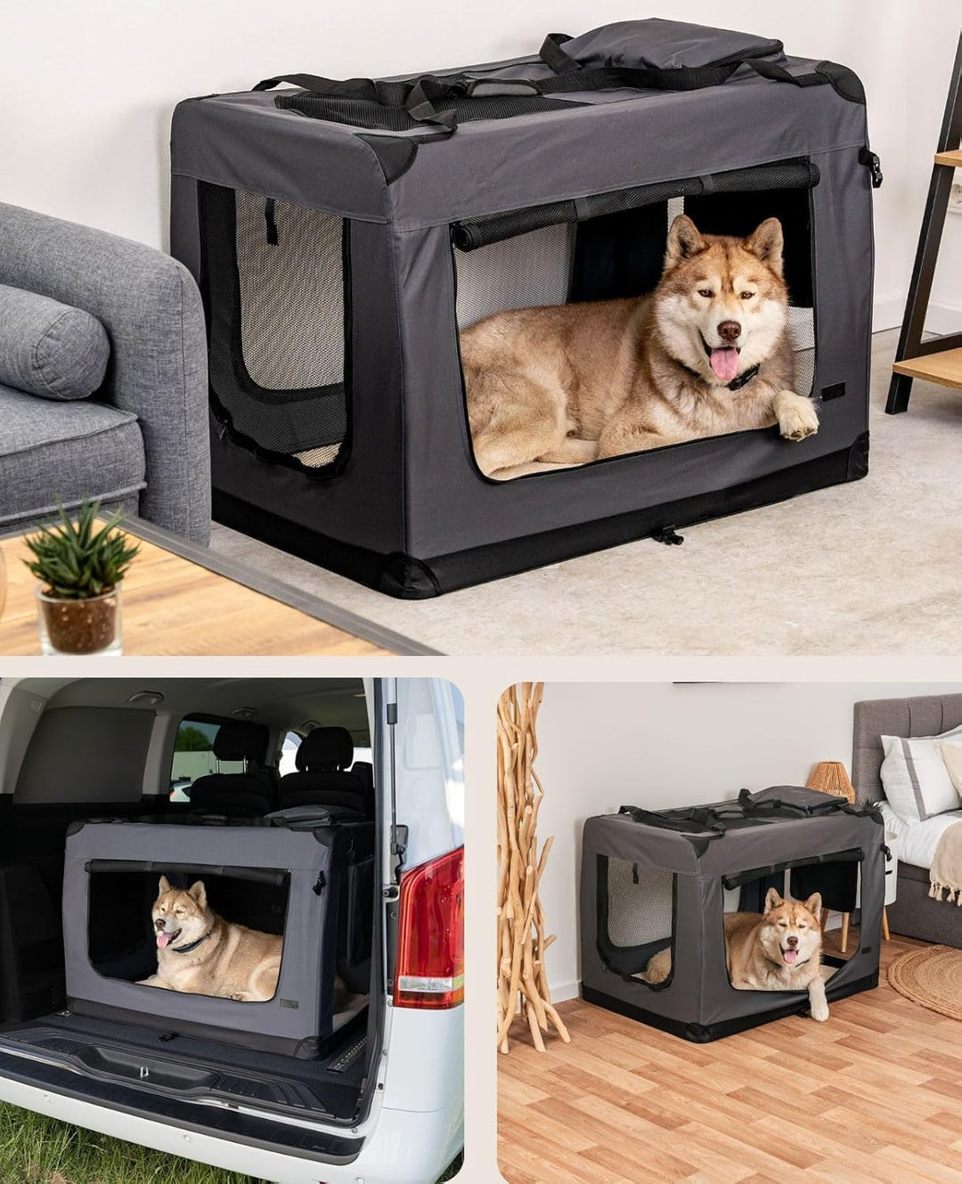 lionto Hundetransportbox faltbar für Reise & Auto, 101x69x70 cm, stabile Transportbox mit Tragegriff