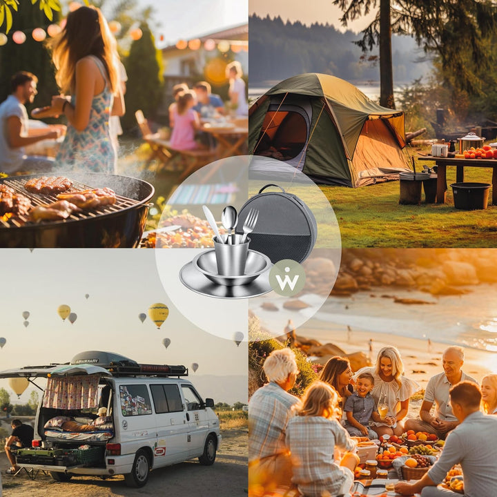 Campingbesteck Set für 4 Personen – Camping Geschirr Set mit Edelstahl Besteckset, Teller, Schale un