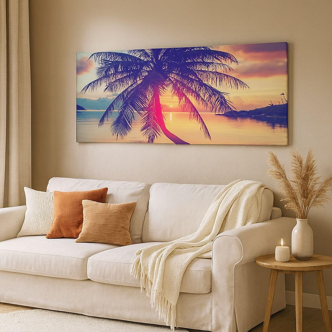 Wandbilder Dekoration Wohnzimmer Meer Strand Palme Panorama Bilder auf Leinwand 120x50cm Leinwandbil
