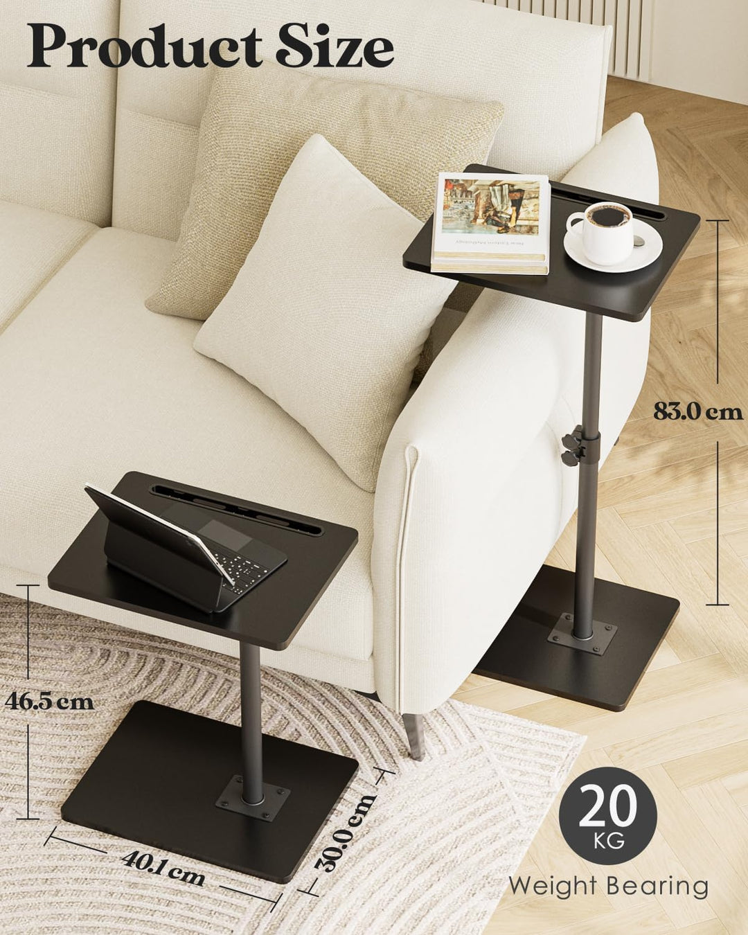 Beistelltisch C-Form, 360°Rotierend Couchtisch Klein, Höhenverstellbar Sofatisch,40x30x(45-81) cm,Ho