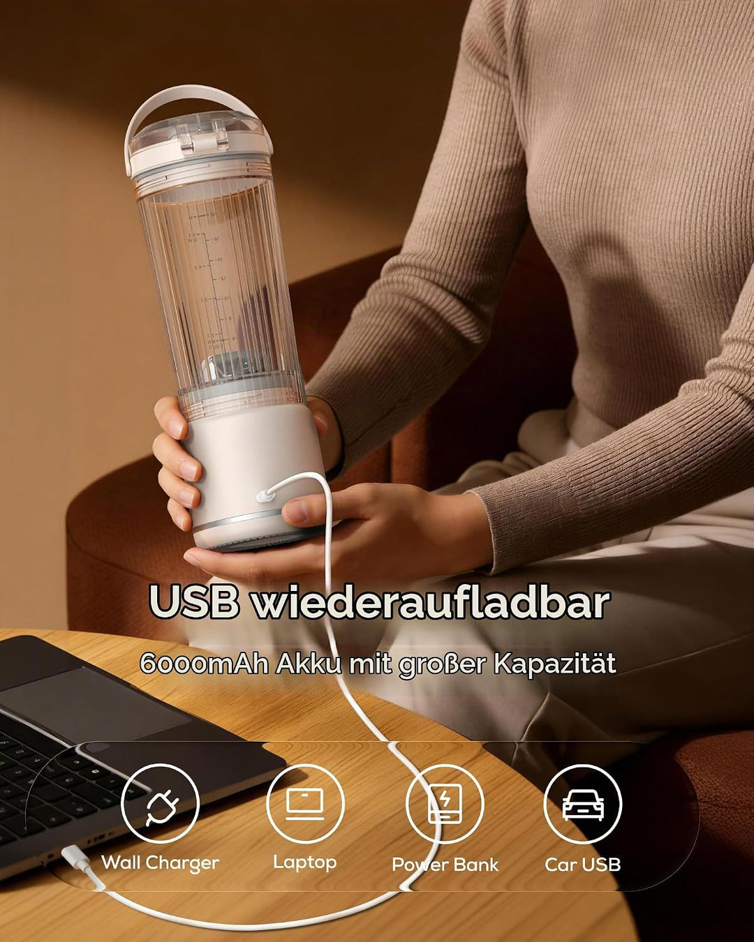 Sangcon Tragbarer Mixer 500ml, Smoothie Maker USB Wiederaufladbar, Mini Standmixer für Fitness, Büro